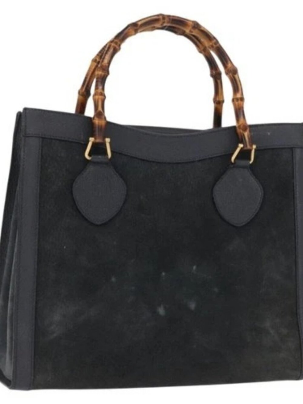 GUCCI Bamboo Hand Bag Suede Navy Gold 002